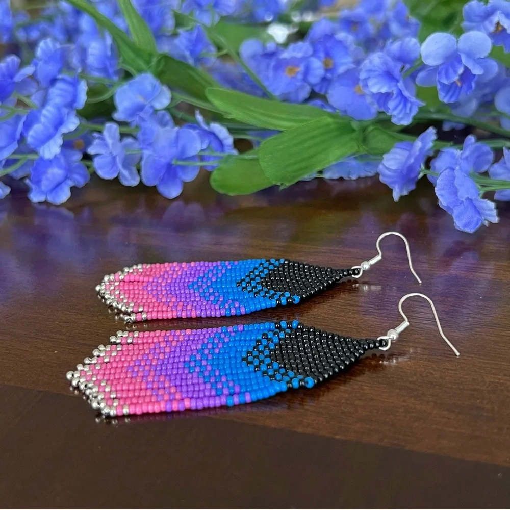Black‎ Blue Purple Pink Silver Gradient Seed Bead Earrings Fringe Handmade
